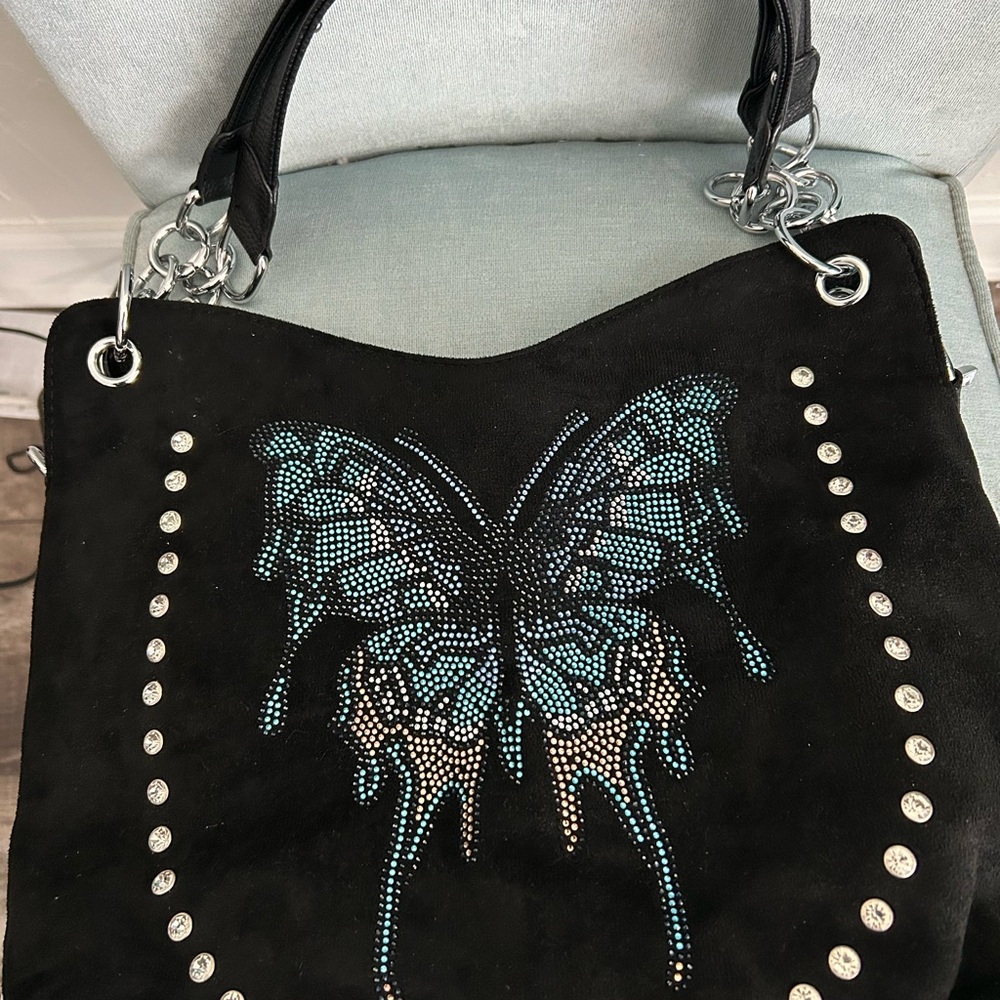 Black Faux Leather Rhinestone Butterfly Purse Shoulder Bag = New